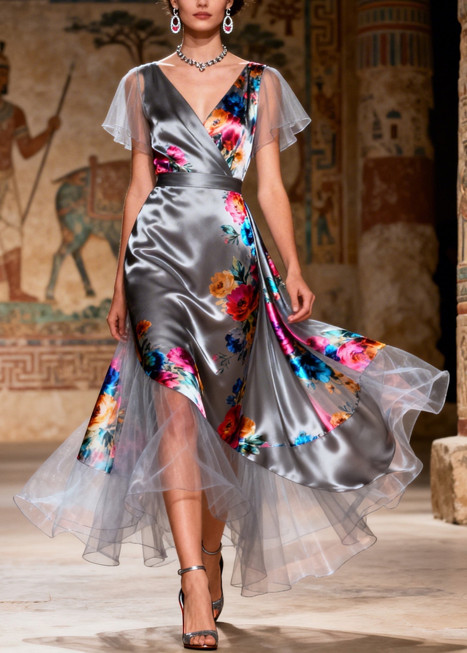 Floral Print V-Neck Flutter Sleeve Wrap Satin Tiered High Low Midi Dress