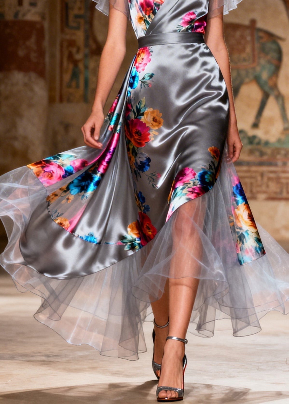 Floral Print V-Neck Flutter Sleeve Wrap Satin Tiered High Low Midi Dress