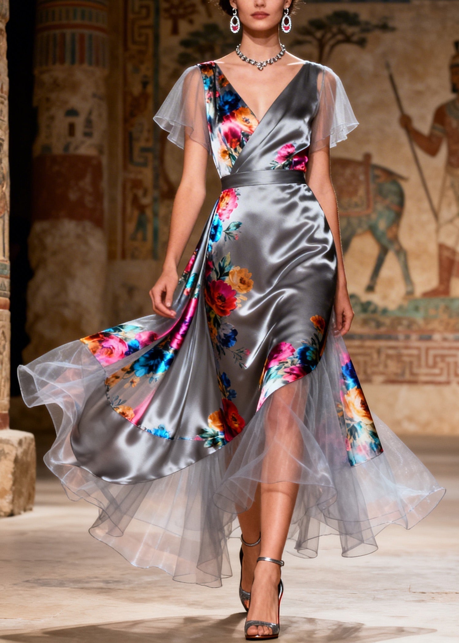 Floral Print V-Neck Flutter Sleeve Wrap Satin Tiered High Low Midi Dress