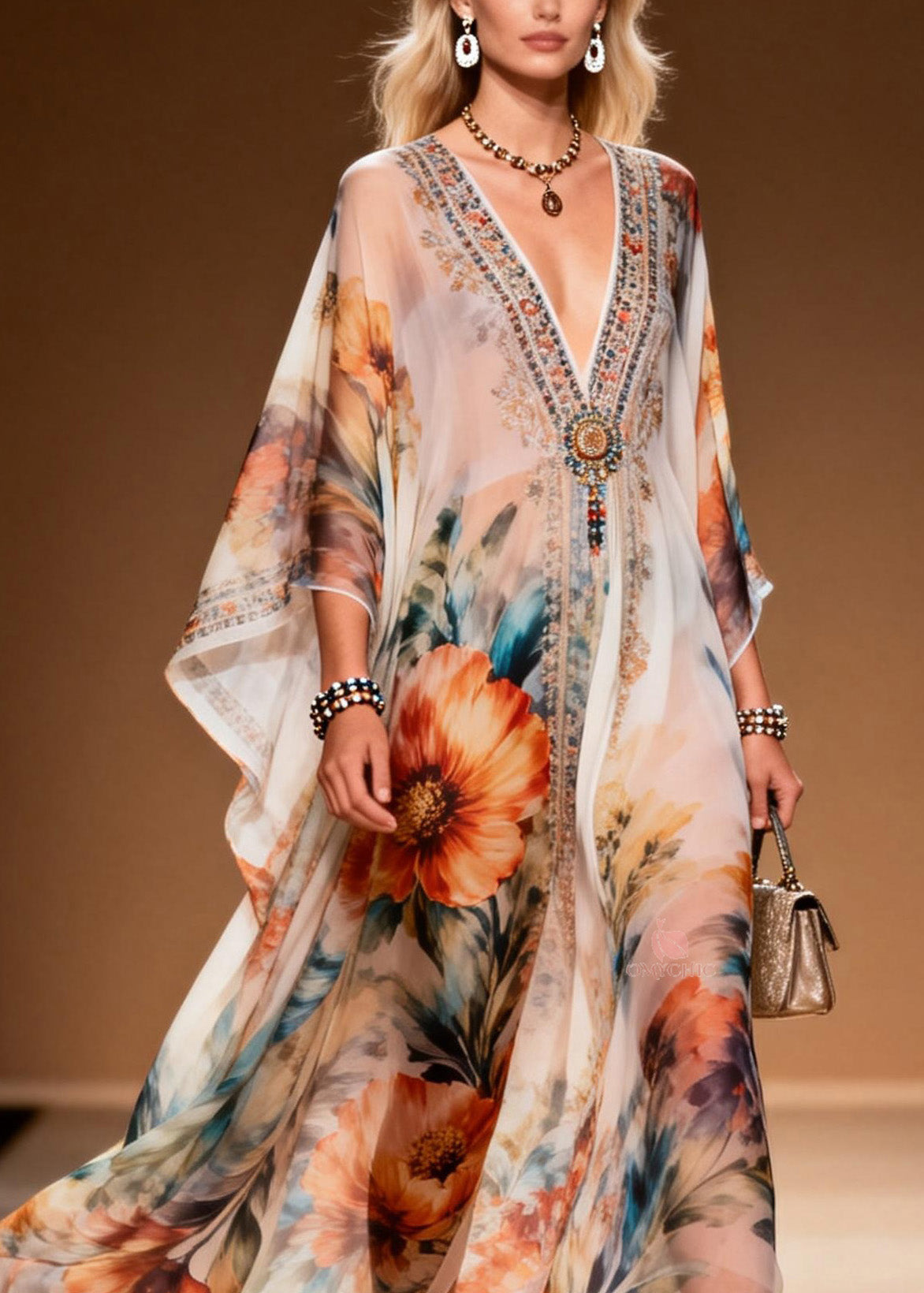 Beaded Floral Embroidery Deep V-Neck Kimono Sleeve Chiffon Kaftan Maxi Dress