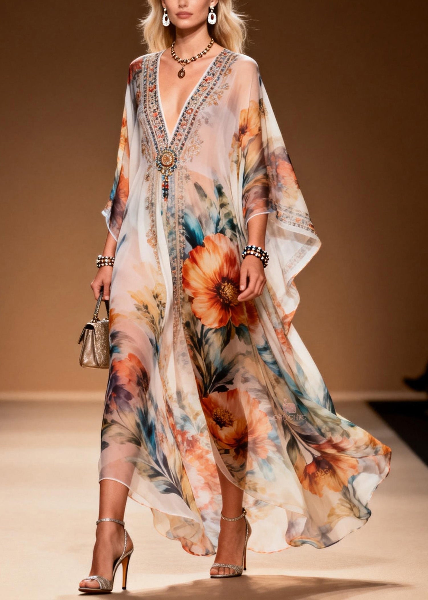 Beaded Floral Embroidery Deep V-Neck Kimono Sleeve Chiffon Kaftan Maxi Dress