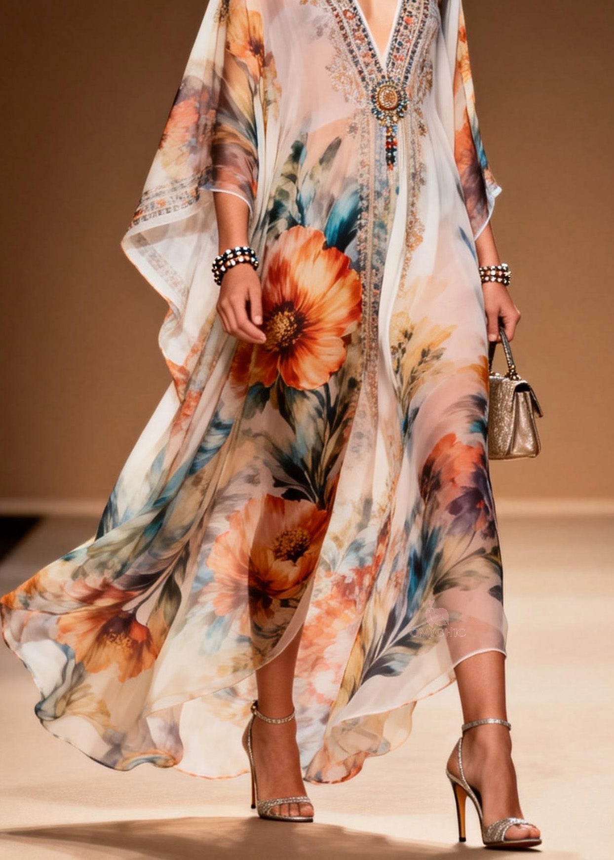 Beaded Floral Embroidery Deep V-Neck Kimono Sleeve Chiffon Kaftan Maxi Dress