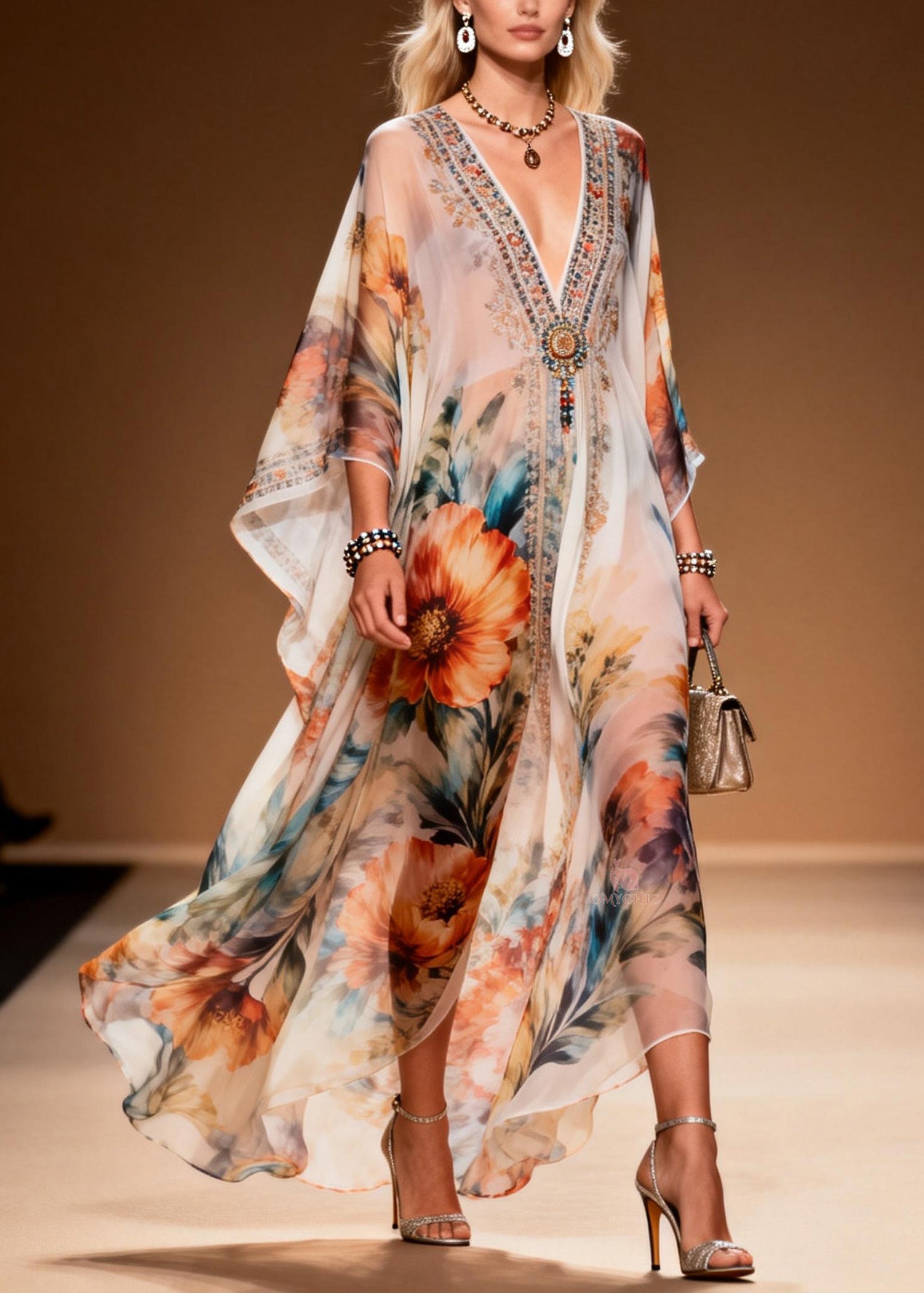 Beaded Floral Embroidery Deep V-Neck Kimono Sleeve Chiffon Kaftan Maxi Dress