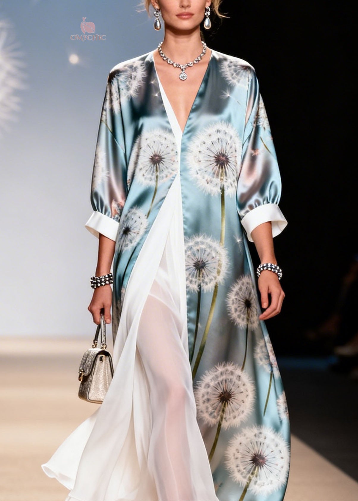 Satin Dandelion Print Deep V-Neck Sheer Maxi Duster Overlay Two Piece Set