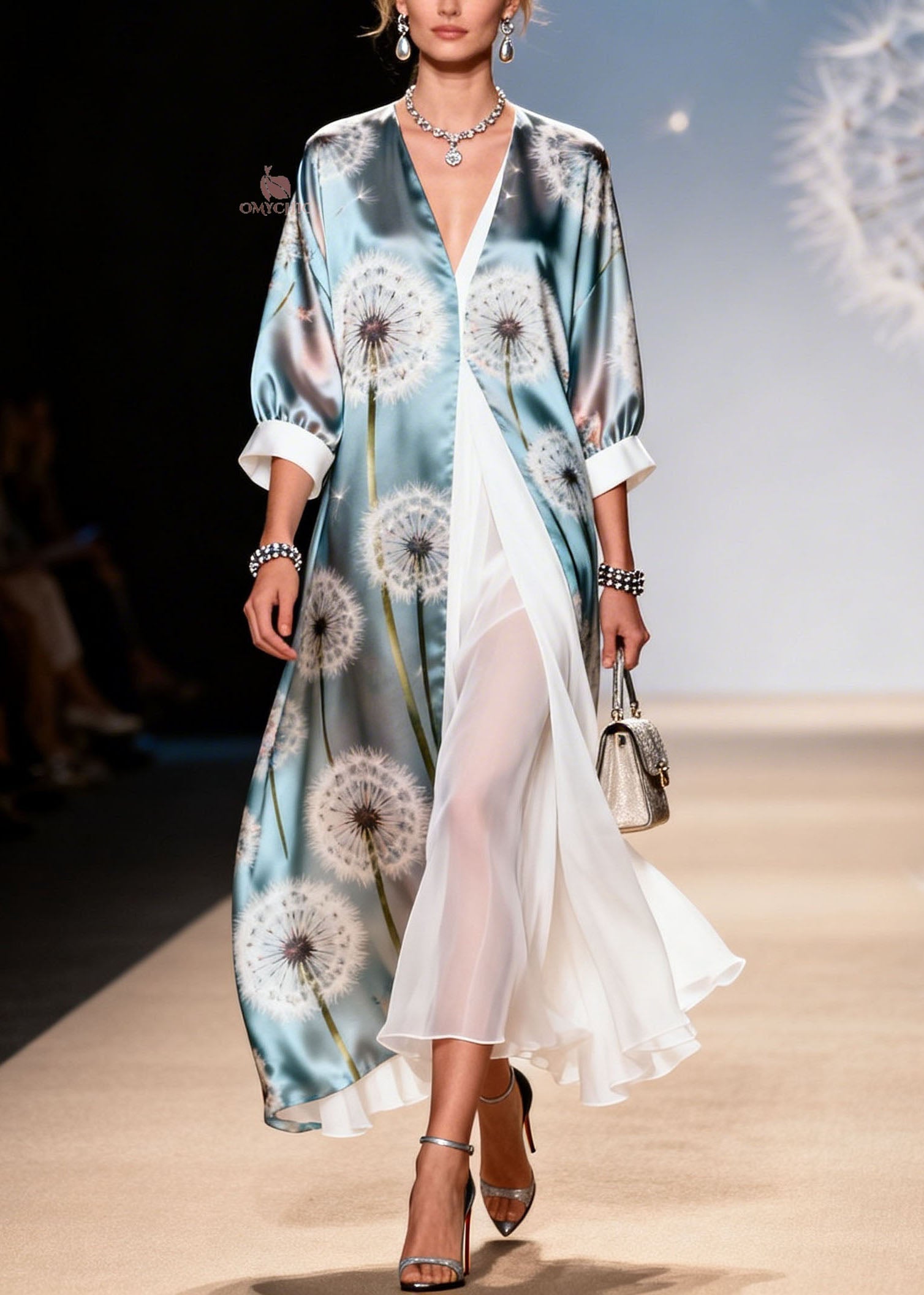 Satin Dandelion Print Deep V-Neck Sheer Maxi Duster Overlay Two Piece Set