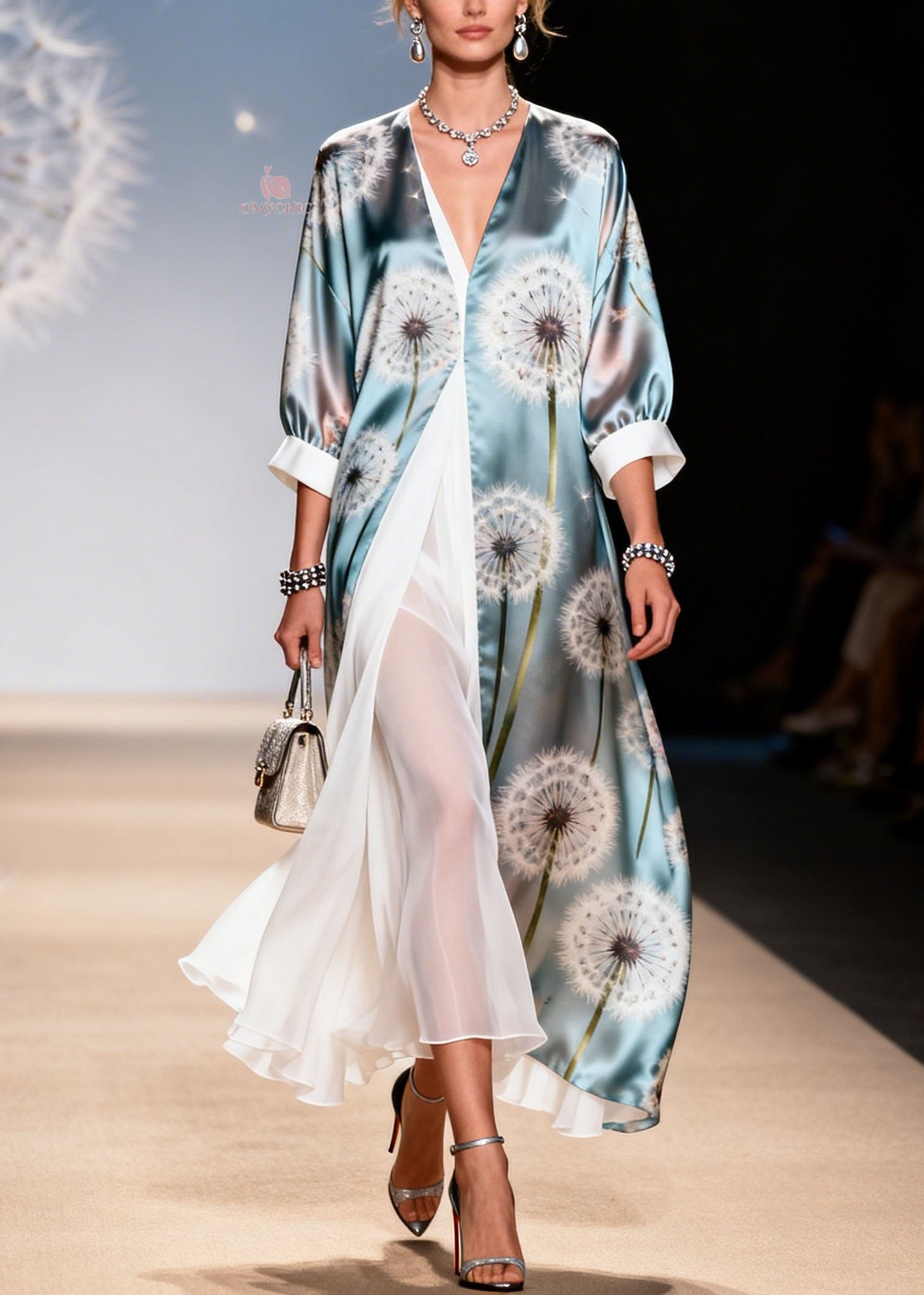 Satin Dandelion Print Deep V-Neck Sheer Maxi Duster Overlay Two Piece Set