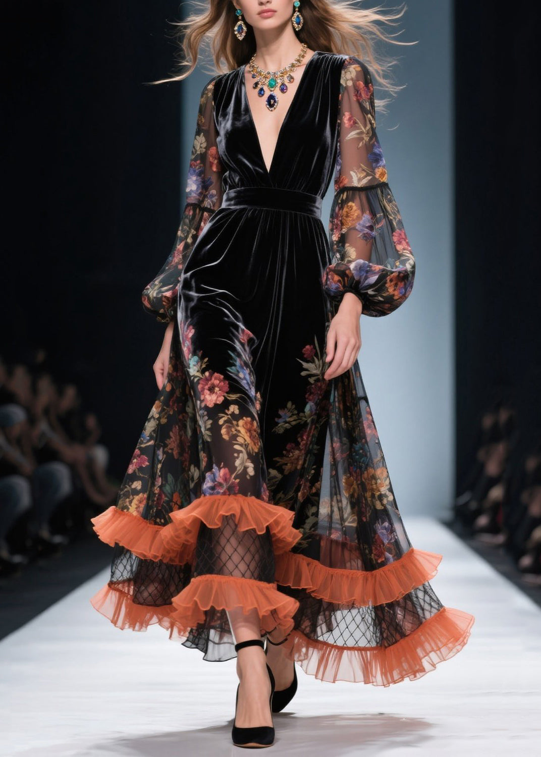 Style V Neck Ruffled Print Patchwork Velvet Dresses Fall 5