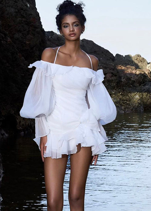 Style White Cold Shoulder Ruffles Chiffon Mini Dresses Lantern Sleeve