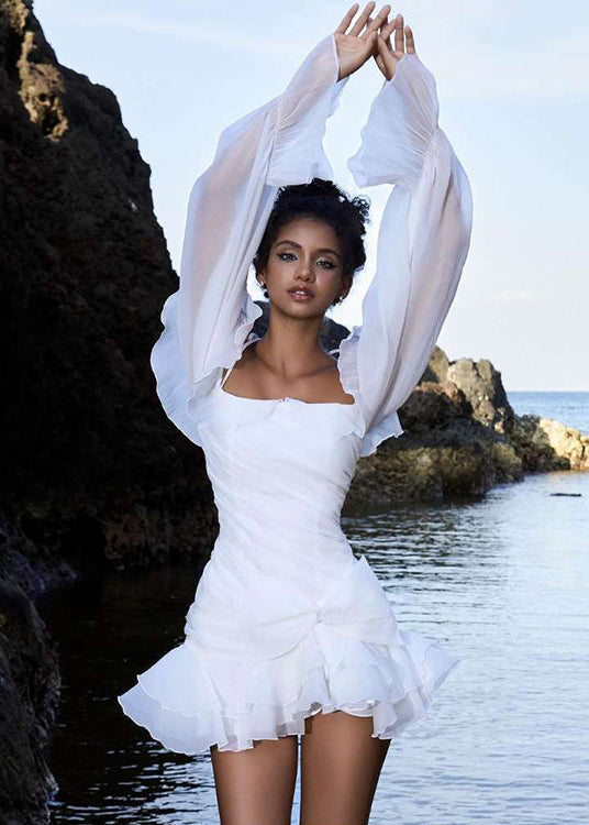 Style White Cold Shoulder Ruffles Chiffon Mini Dresses Lantern Sleeve - View 3