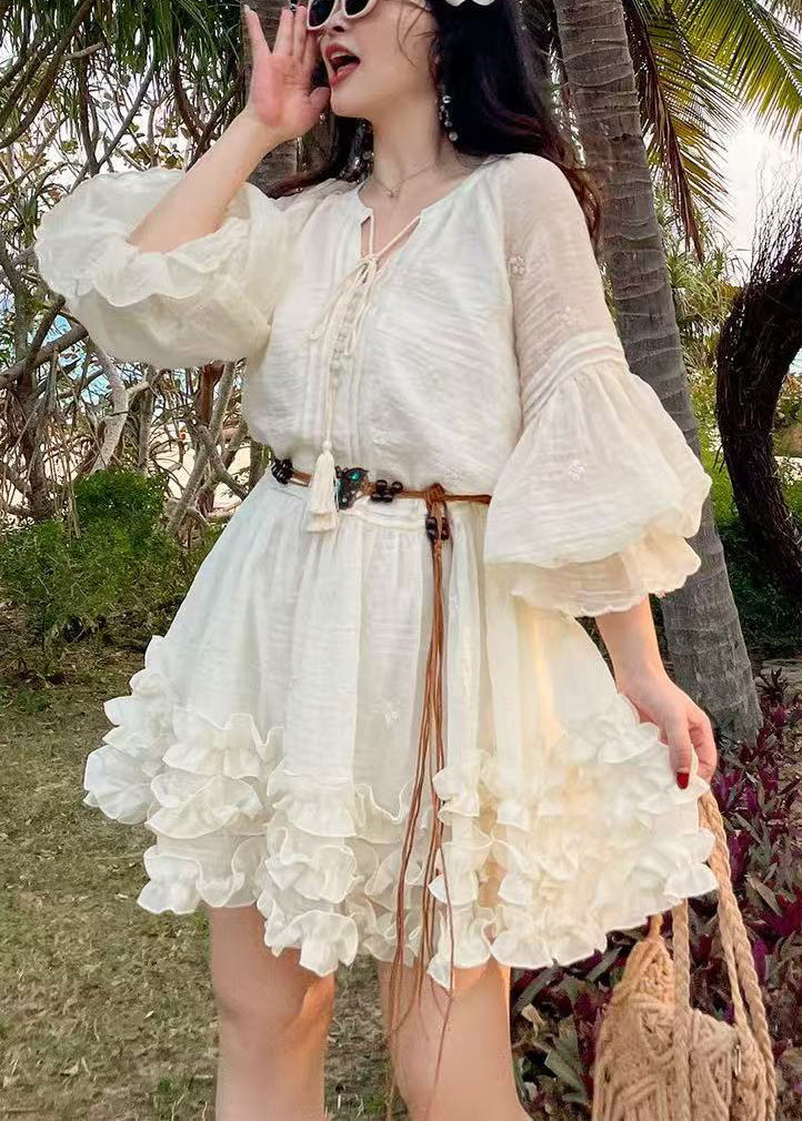 Style White Ruffled Cotton Tea Dress Lantern Sleeve