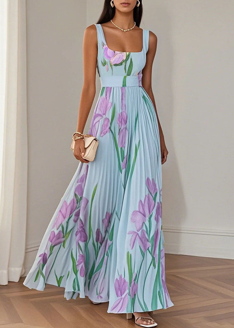 Floral Print Square Neck Sleeveless Belted Pleated Maxi Dress