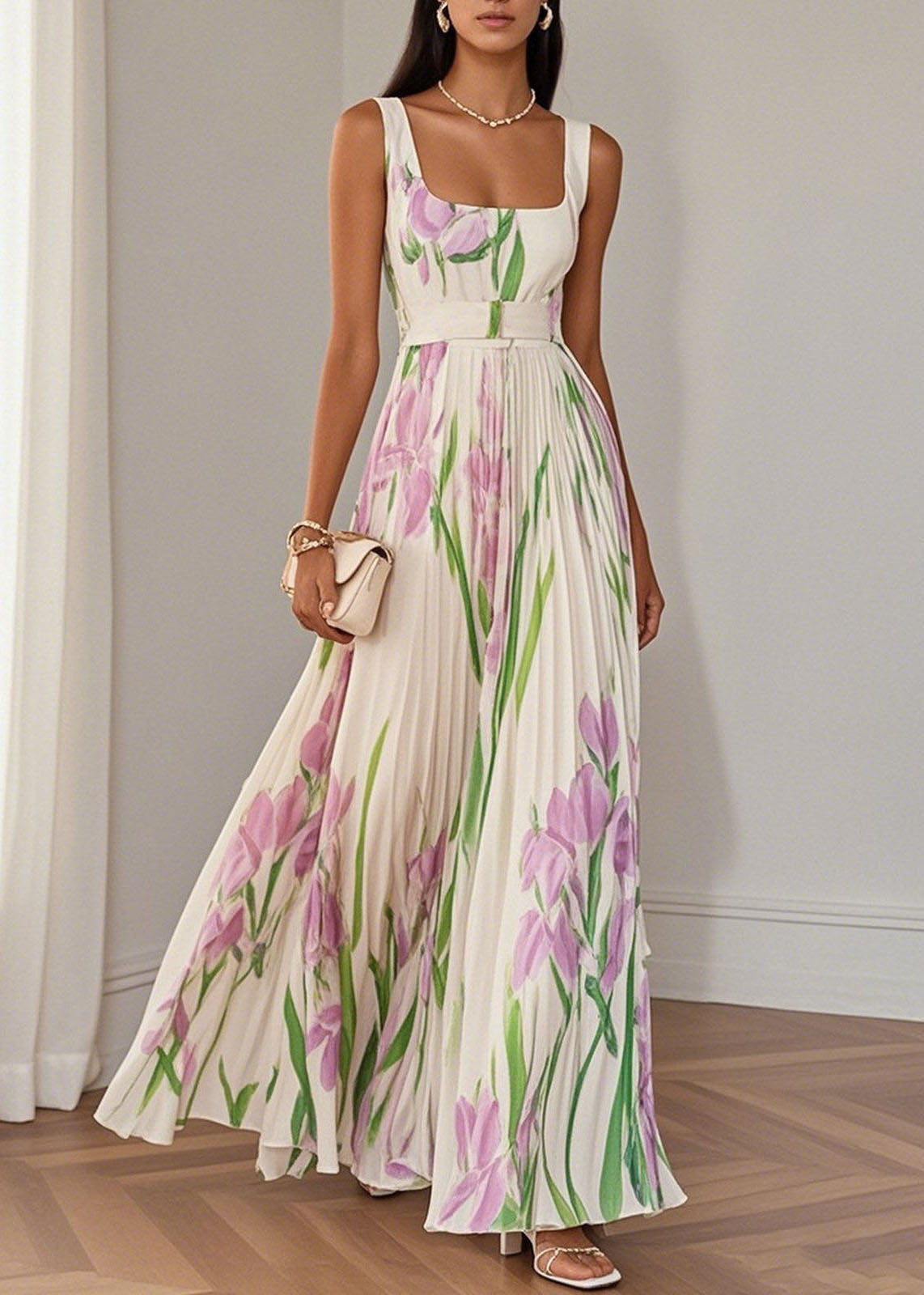 Floral Print Square Neck Sleeveless Belted Pleated Maxi Dress