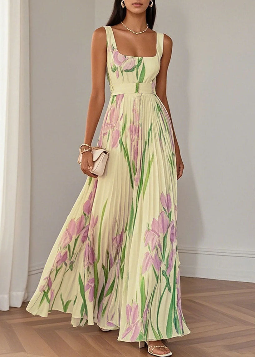 Floral Print Square Neck Sleeveless Belted Pleated Maxi Dress