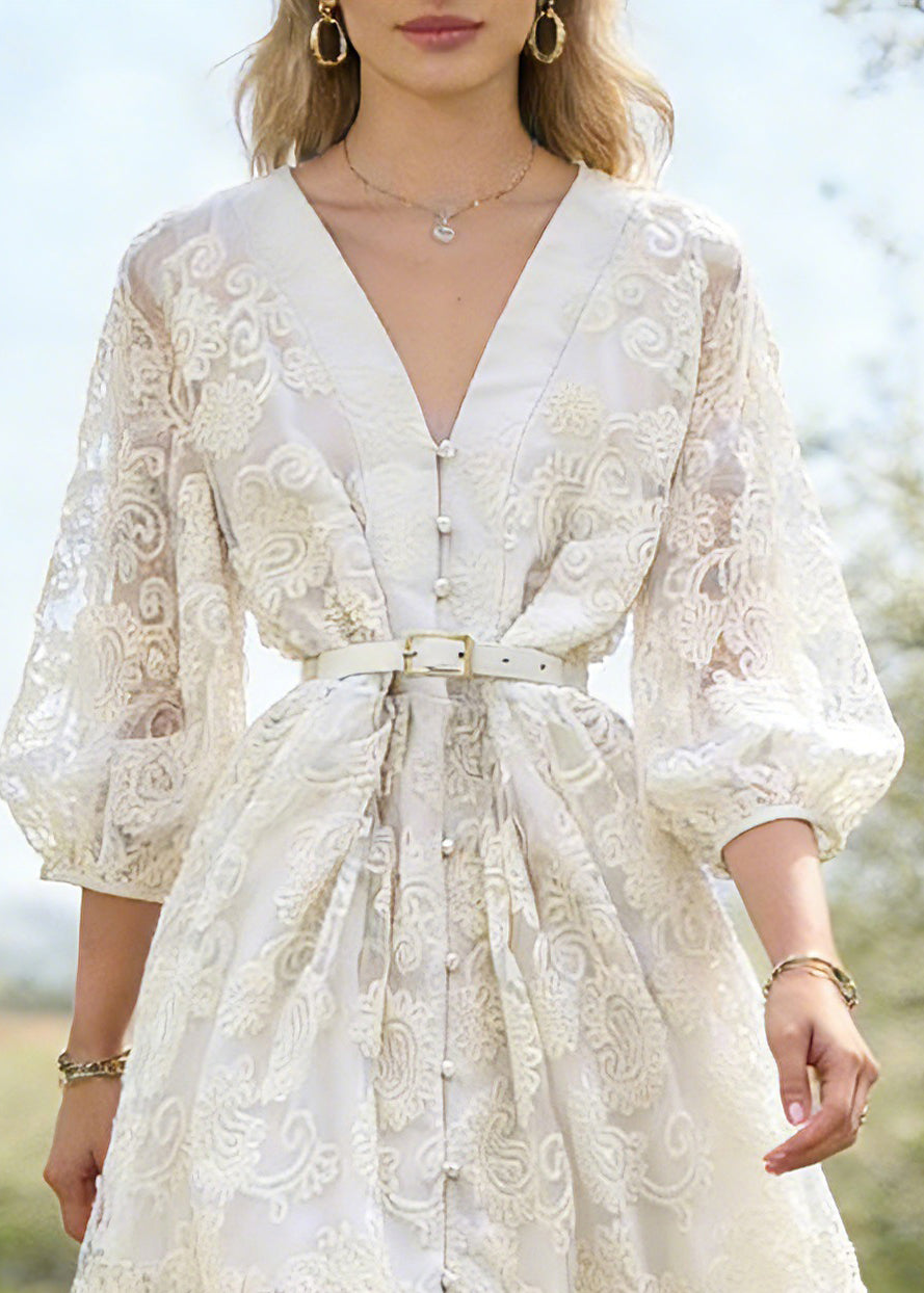 Lace Deep V-Neck Puff Sleeve Belted Button Front Mini Dress