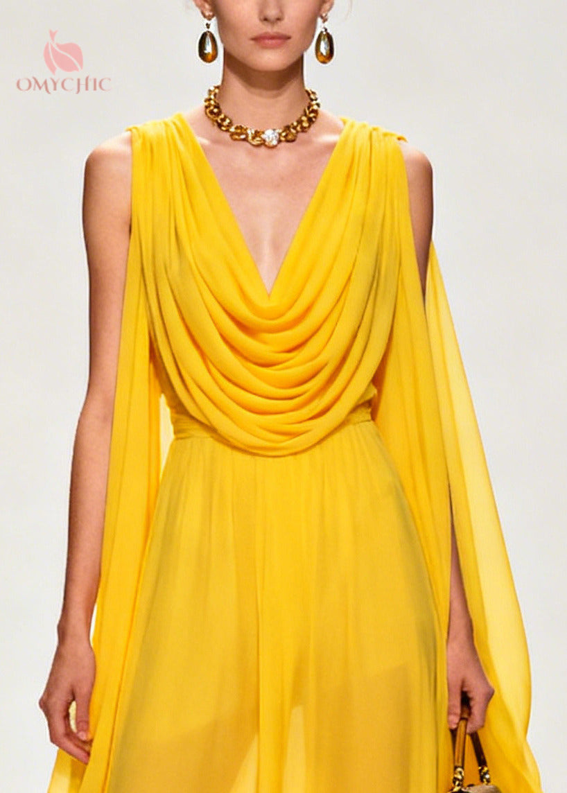 Cowl Neck Deep V-Neck Shoulder Cape Wide Leg Sheer Embroidered Hem Jumpsuit