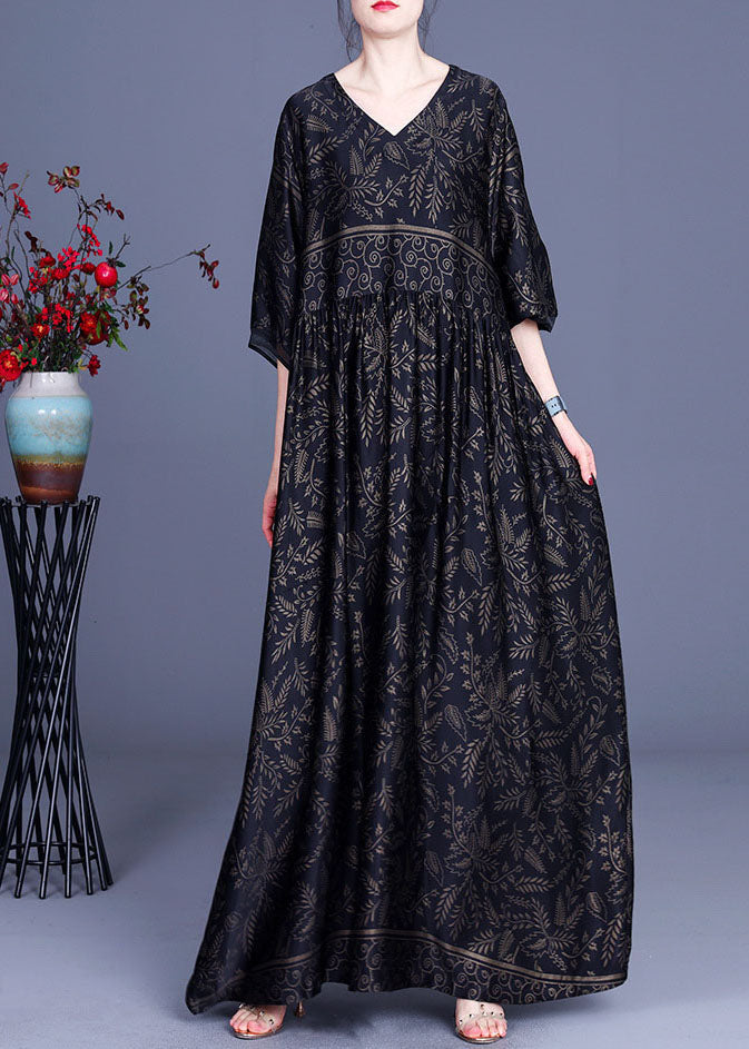 Botanical Print V-Neck Three Quarter Sleeve Empire Waist Oversized Maxi Dress