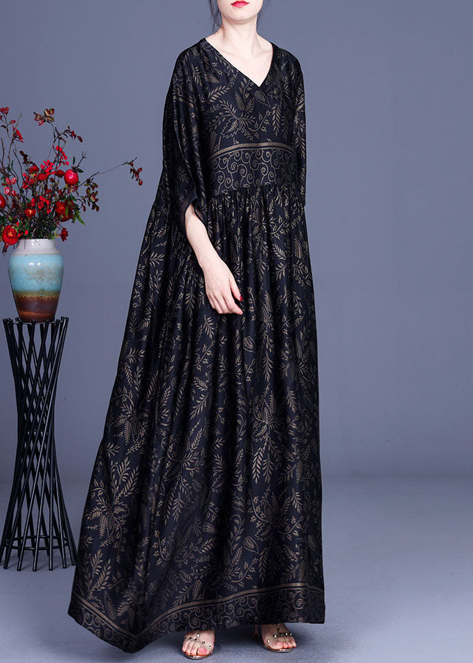 Botanical Print V-Neck Three Quarter Sleeve Empire Waist Oversized Maxi Dress