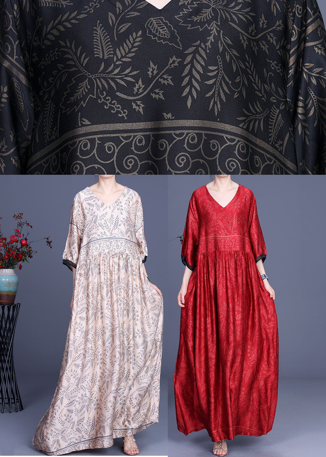 Botanical Print V-Neck Three Quarter Sleeve Empire Waist Oversized Maxi Dress