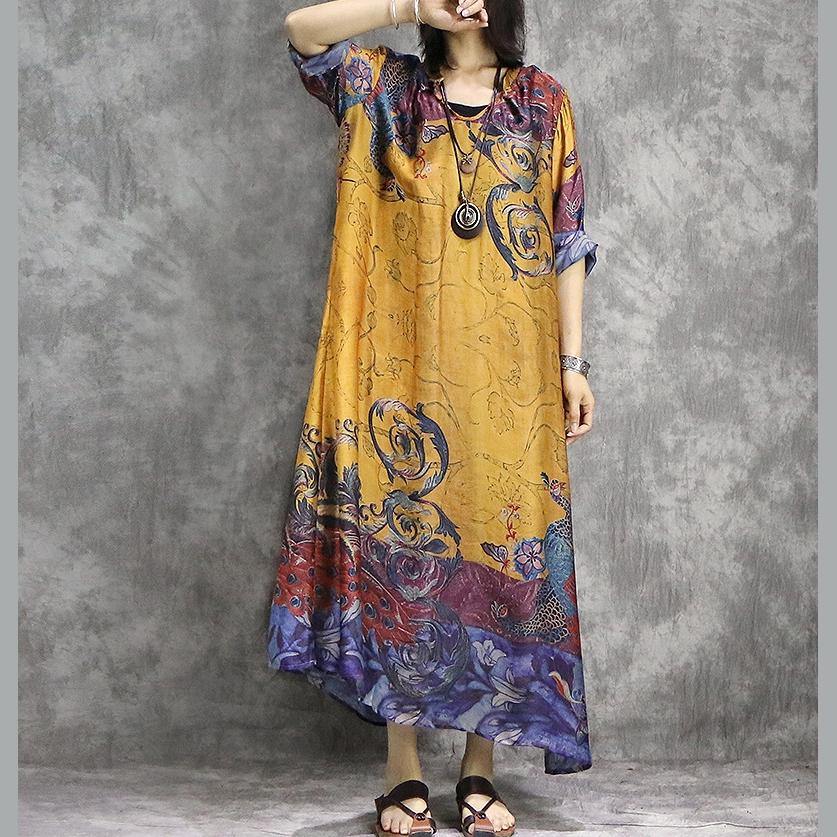Peacock Graphic Print V-Neck Elbow Sleeve Loose Shift Maxi Dress