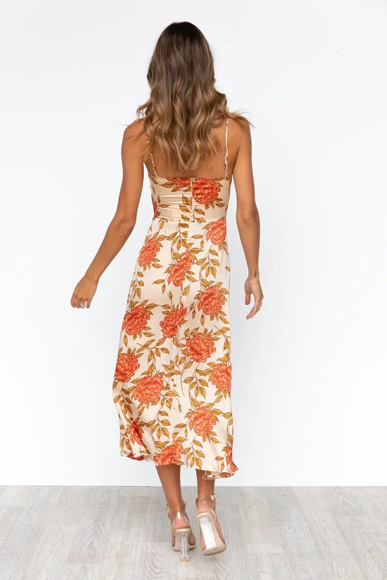 Floral Spaghetti Strap Deep V-Neck Tie Front Cut Out Midi Dress