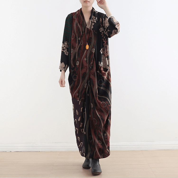 Style V Neck Pockets Asymmetric Robes Photography Green Print Dress Fall
