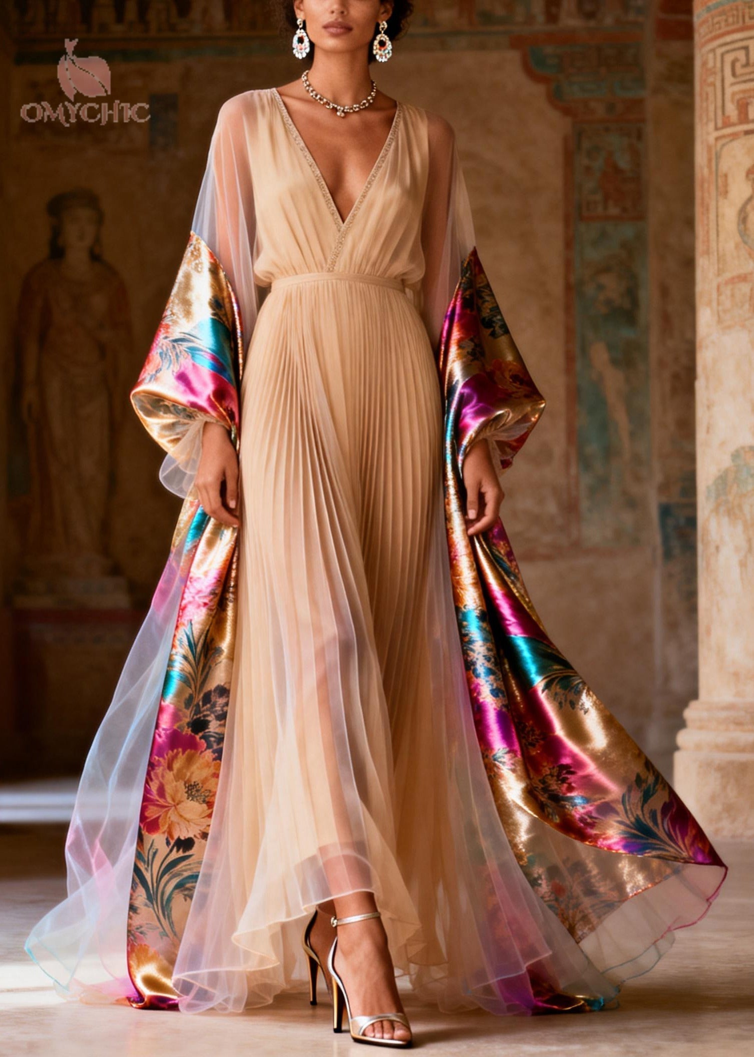 Pleated Chiffon Deep V-Neck Metallic Floral Balloon Cape Sleeve Embroidered Hem Maxi Gown