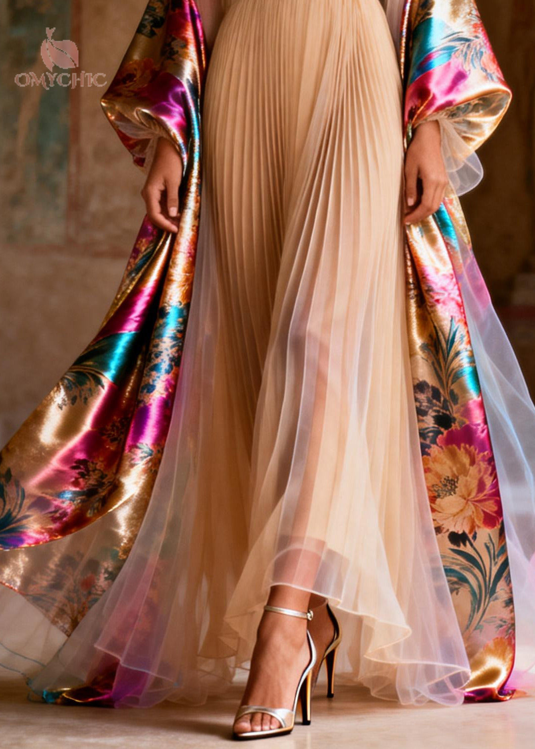 Pleated Chiffon Deep V-Neck Metallic Floral Balloon Cape Sleeve Embroidered Hem Maxi Gown