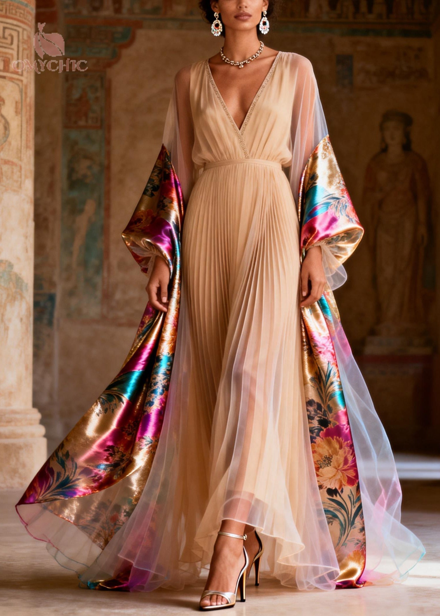Pleated Chiffon Deep V-Neck Metallic Floral Balloon Maxi Gown - View 5