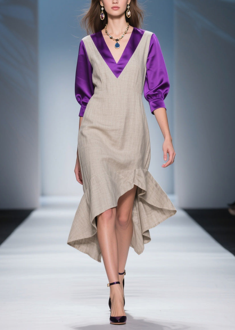 Deep V-Neck Layered Puff Sleeve Satin Trim High Low Ruffle Midi Dress