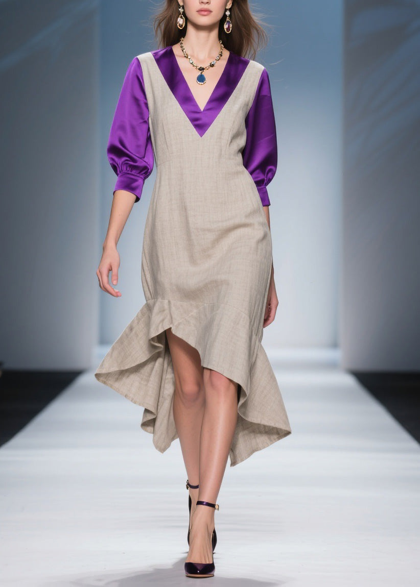 Deep V-Neck Layered Puff Sleeve Satin Trim High Low Ruffle Midi Dress