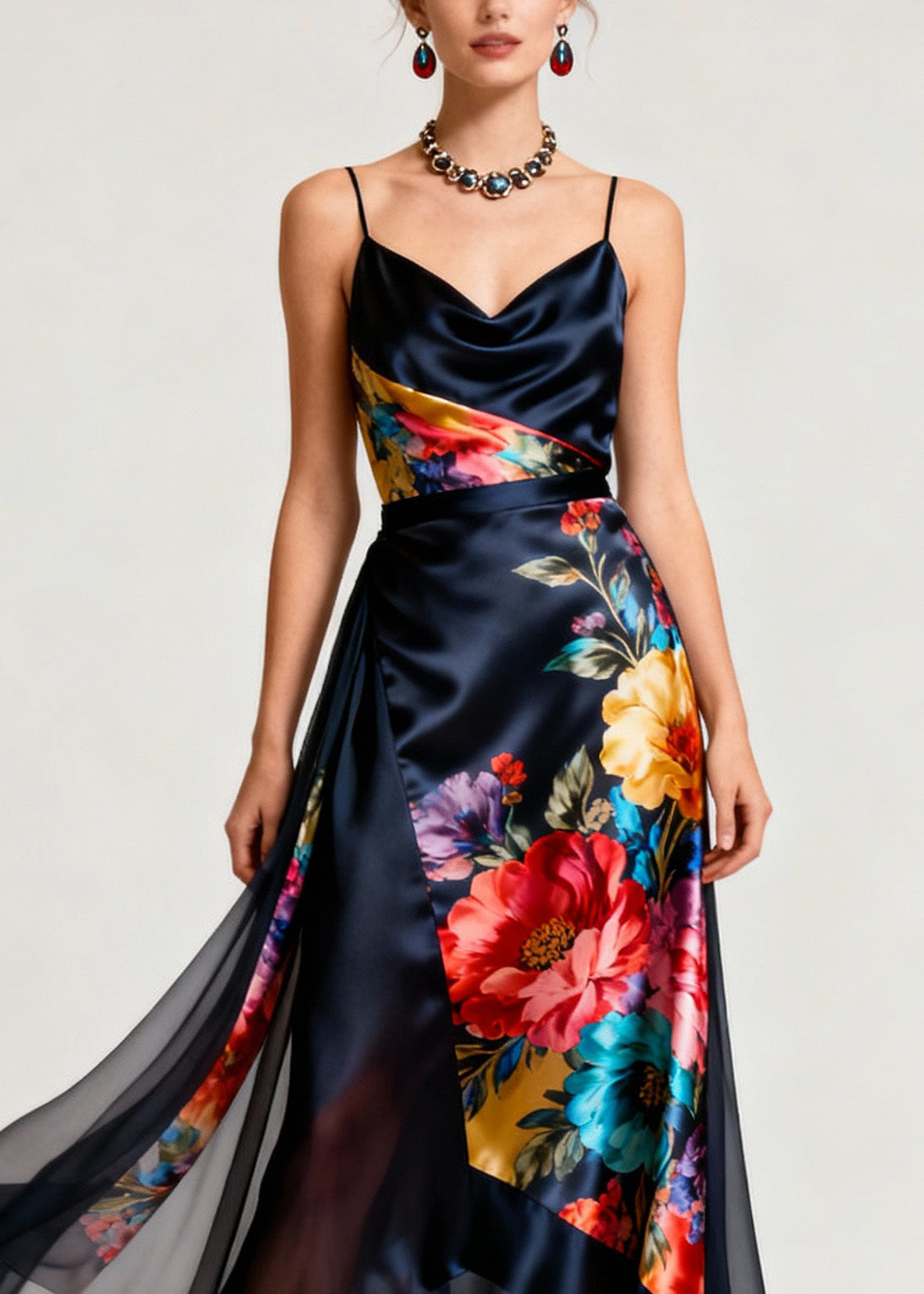 Cowl Neck Spaghetti Strap Floral Print Wrap Satin Midi Dress