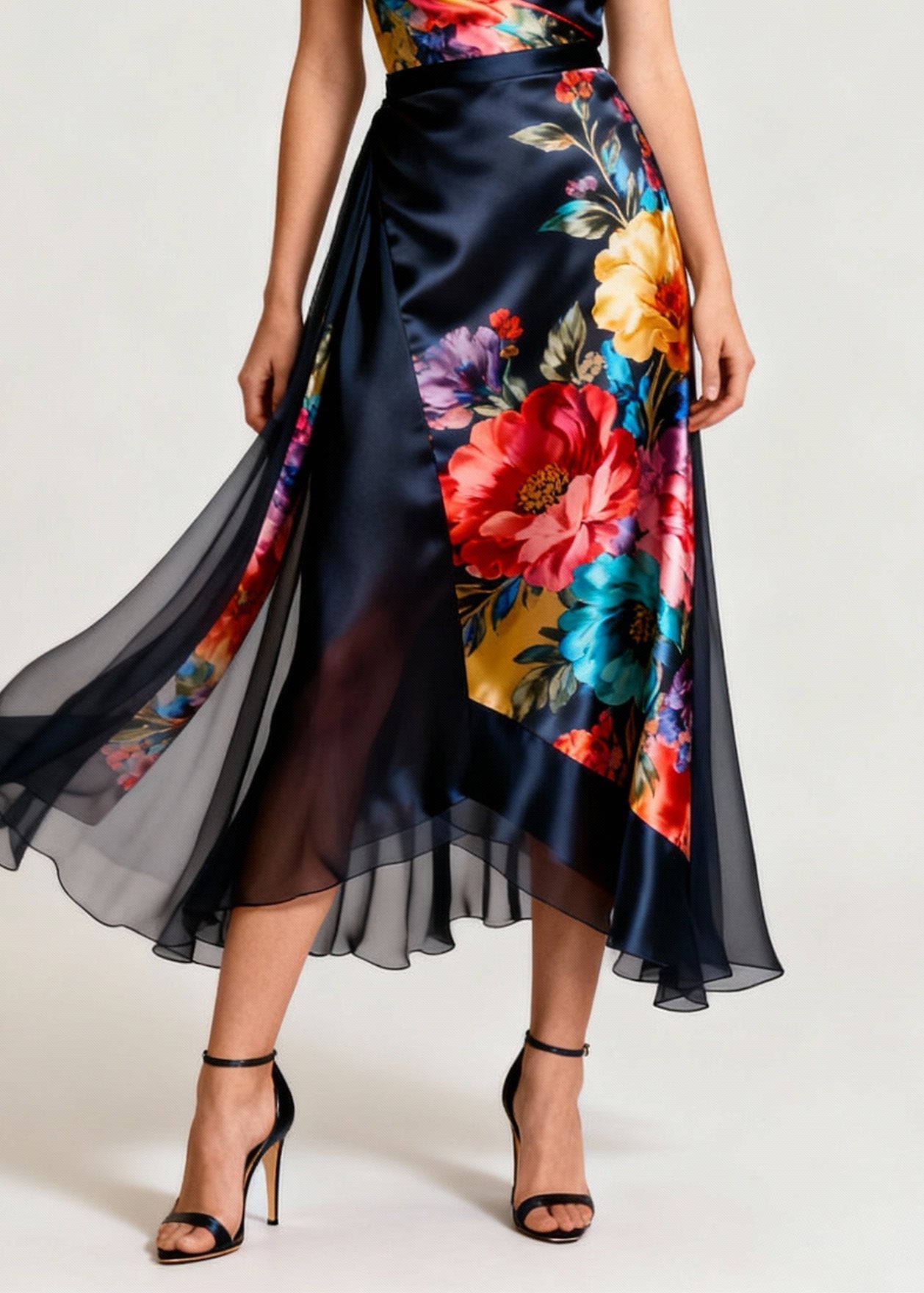 Cowl Neck Spaghetti Strap Floral Print Wrap Satin Midi Dress