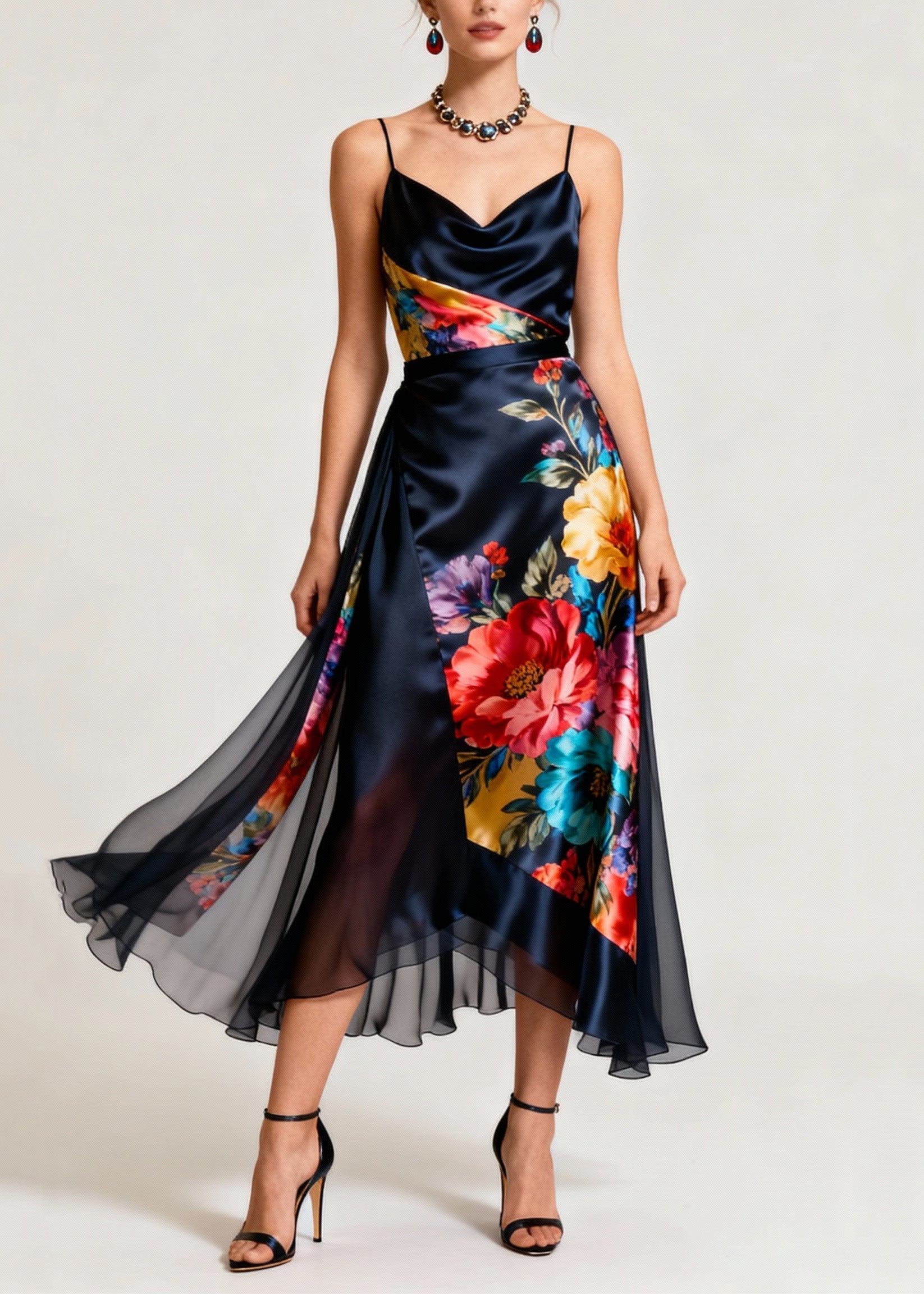 Cowl Neck Spaghetti Strap Floral Print Wrap Satin Midi Dress