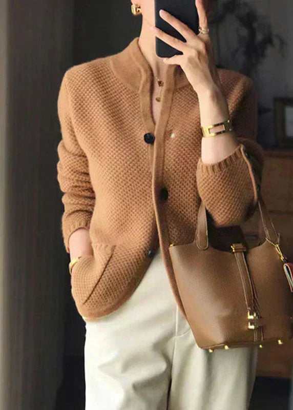 Stand Collar Button Front Waffle Knit Cardigan