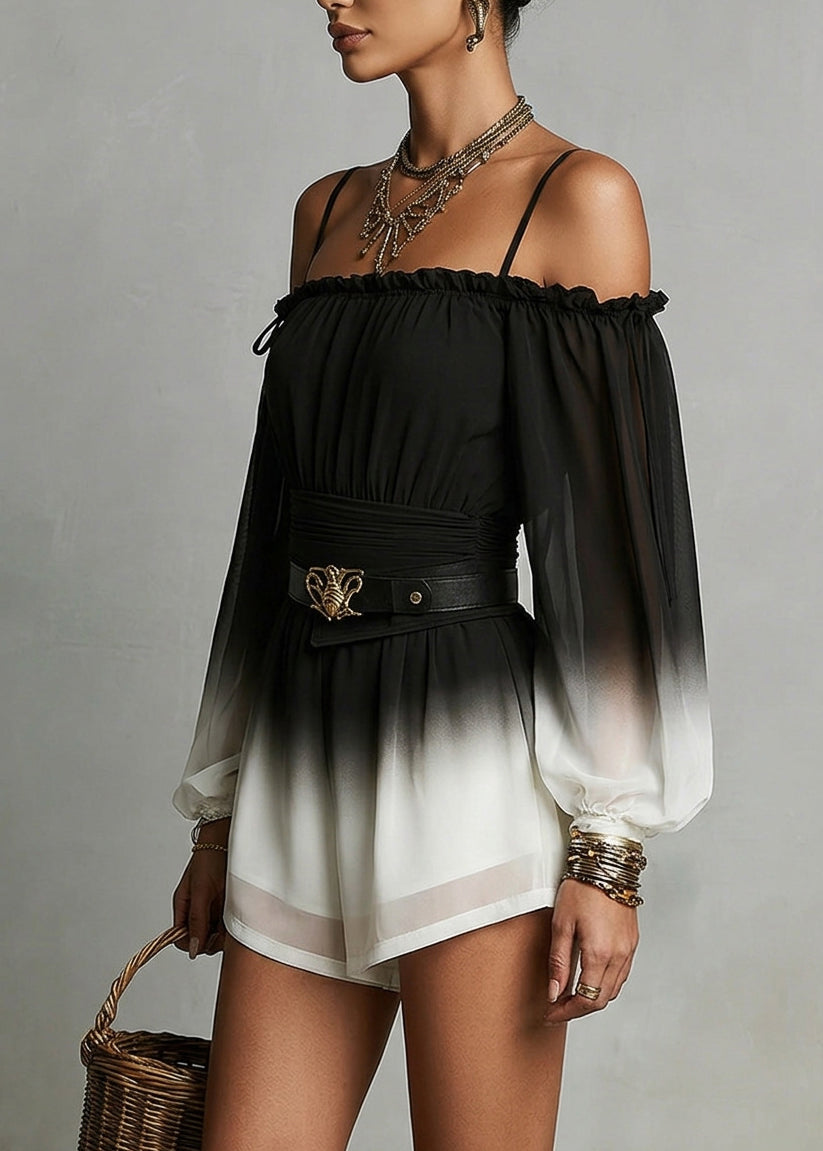 Ombre Off Shoulder Lantern Sleeve Belted Sheer Panel Chiffon Romper