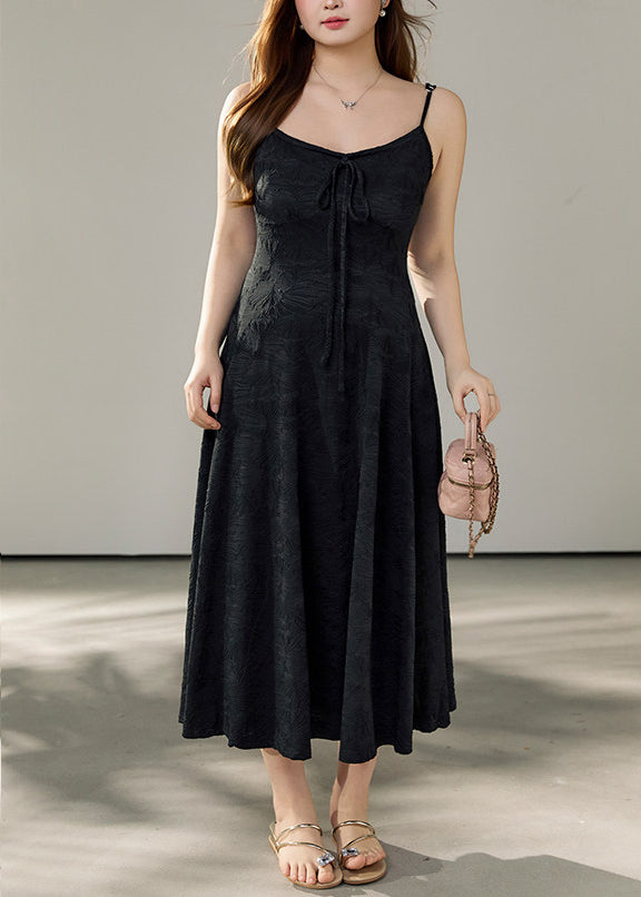Jacquard Floral Tie Front Spaghetti Strap A-Line Midi Dress