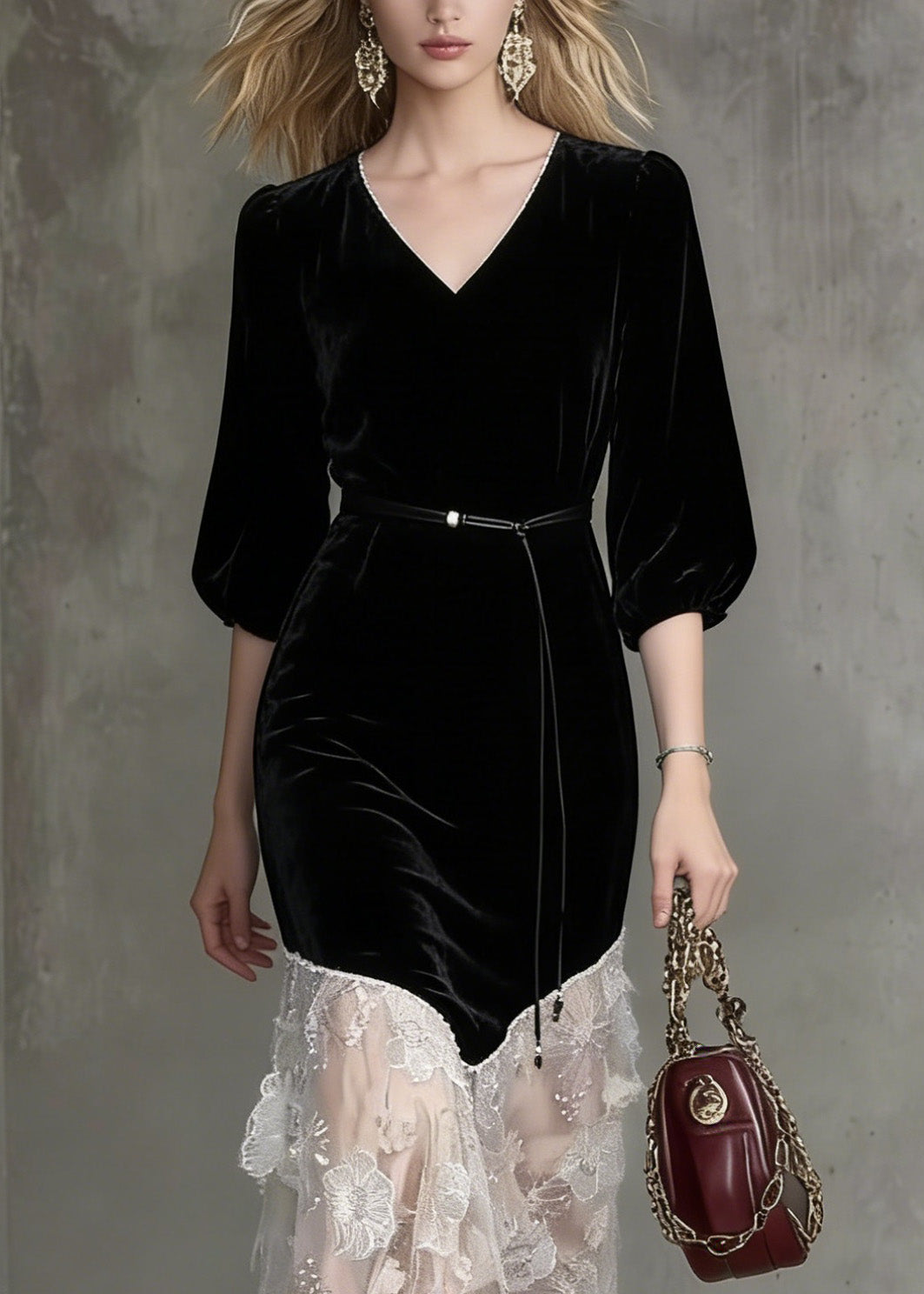 Velvet V-Neck Belted Lace Tiered Asymmetrical Midi Dress