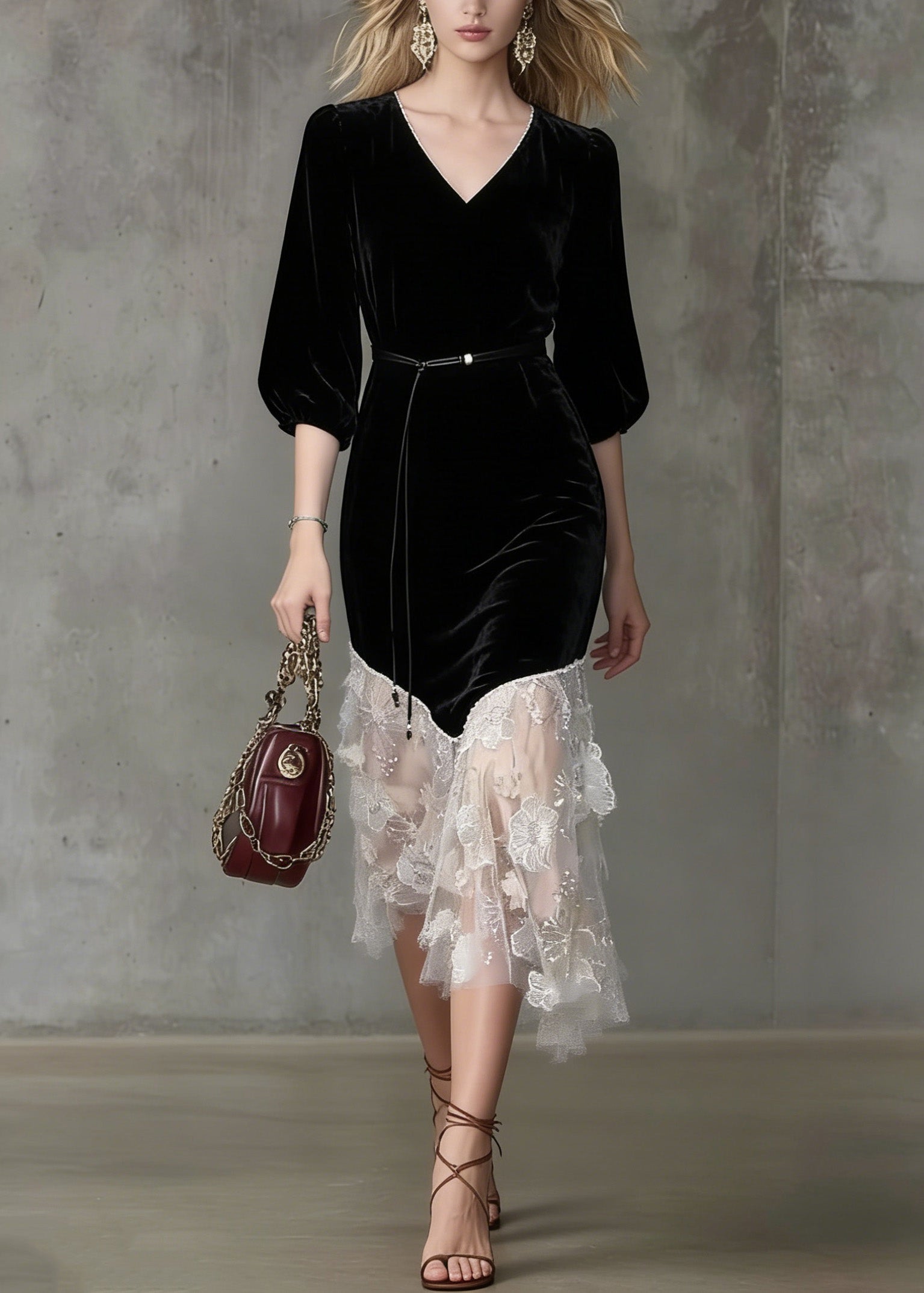 Velvet V-Neck Belted Lace Tiered Asymmetrical Midi Dress