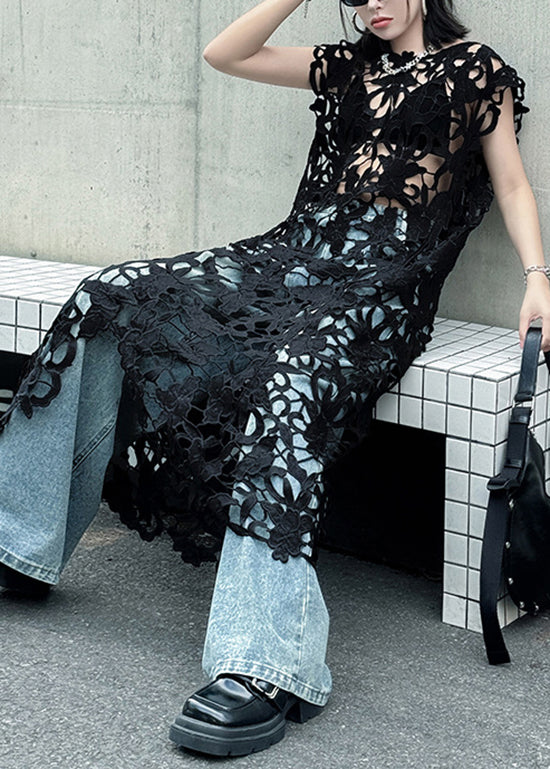 Lace Cut Out Floral Sheer Sleeveless Round Neck Column Maxi Dress