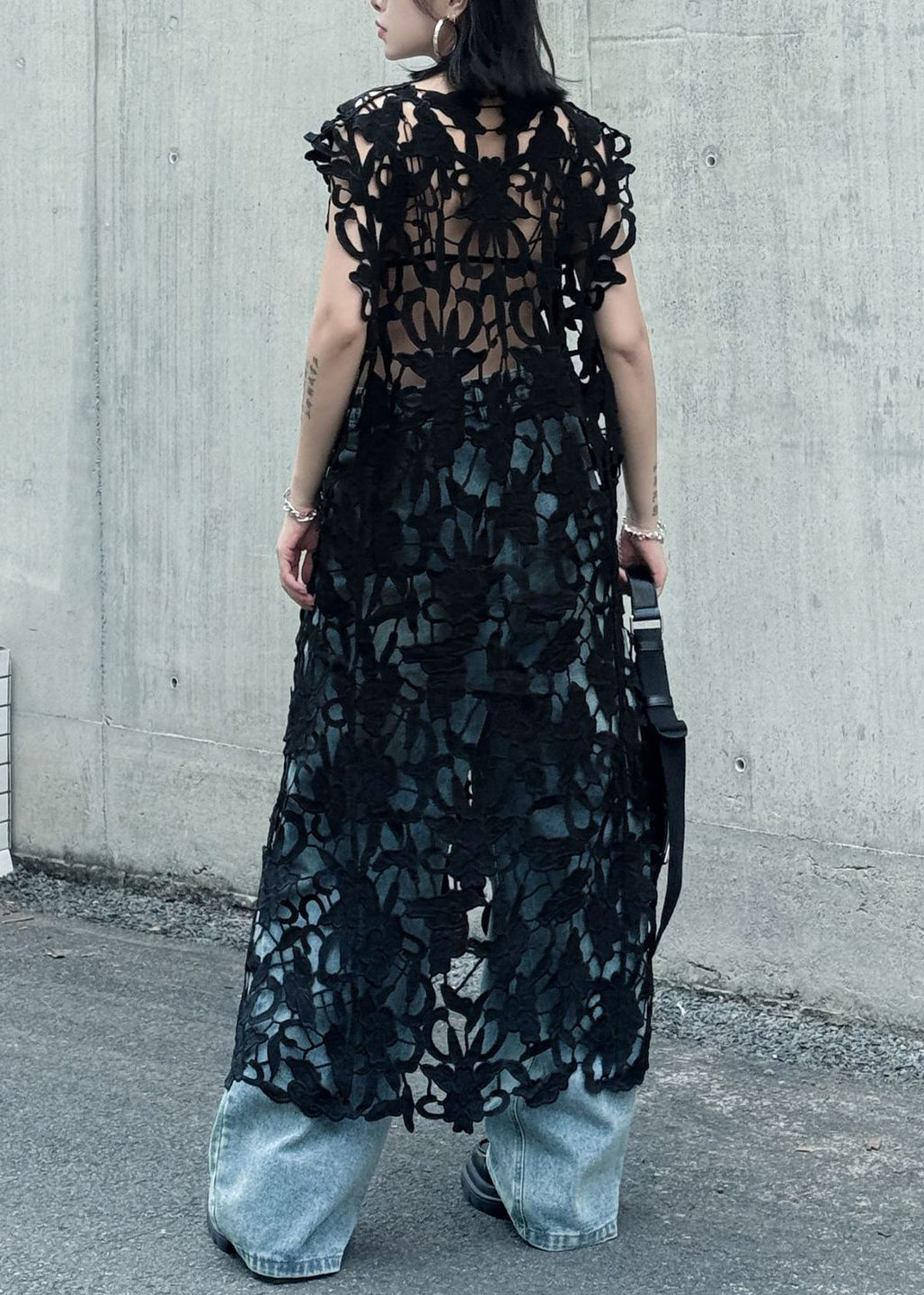 Lace Cut Out Floral Sheer Sleeveless Round Neck Column Maxi Dress