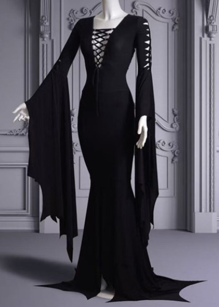 Lace Up Deep V-Neck Cut Out Bell Sleeve Mermaid Hem Maxi Gown