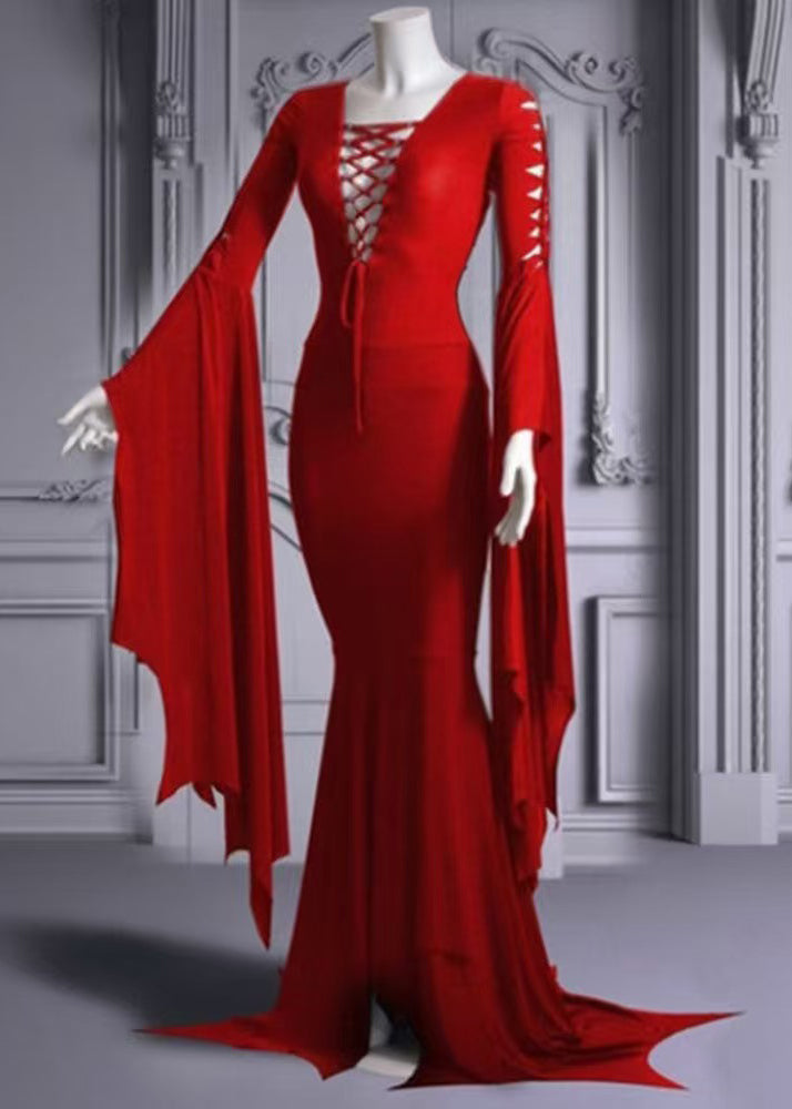 Lace Up Deep V-Neck Cut Out Bell Sleeve Mermaid Hem Maxi Gown