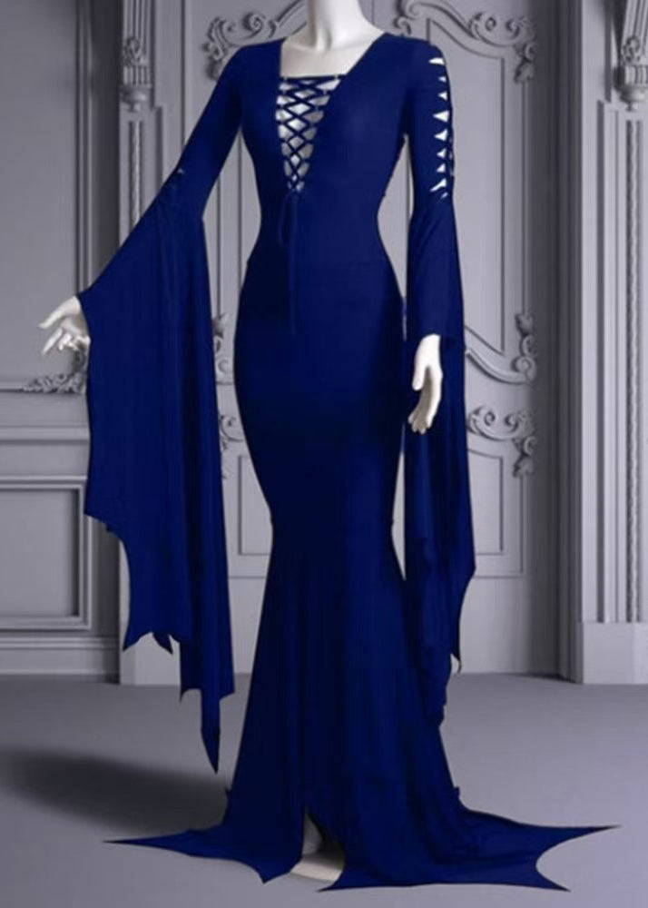 Lace Up Deep V-Neck Cut Out Bell Sleeve Mermaid Hem Maxi Gown
