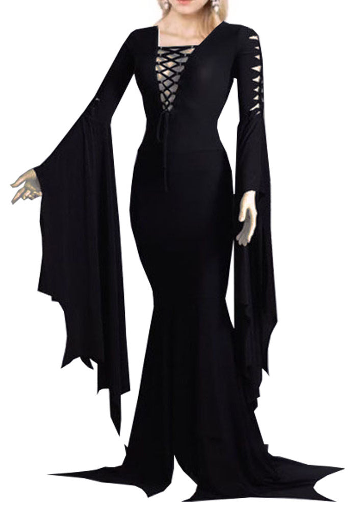 Stylish Black O Neck Lace Up Patchwork Cotton Dress Batwing Sleeve