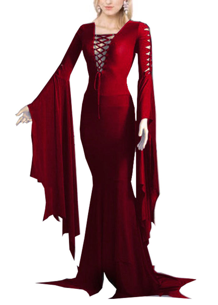 Lace Up Deep V-Neck Cut Out Bell Sleeve Mermaid Hem Maxi Gown