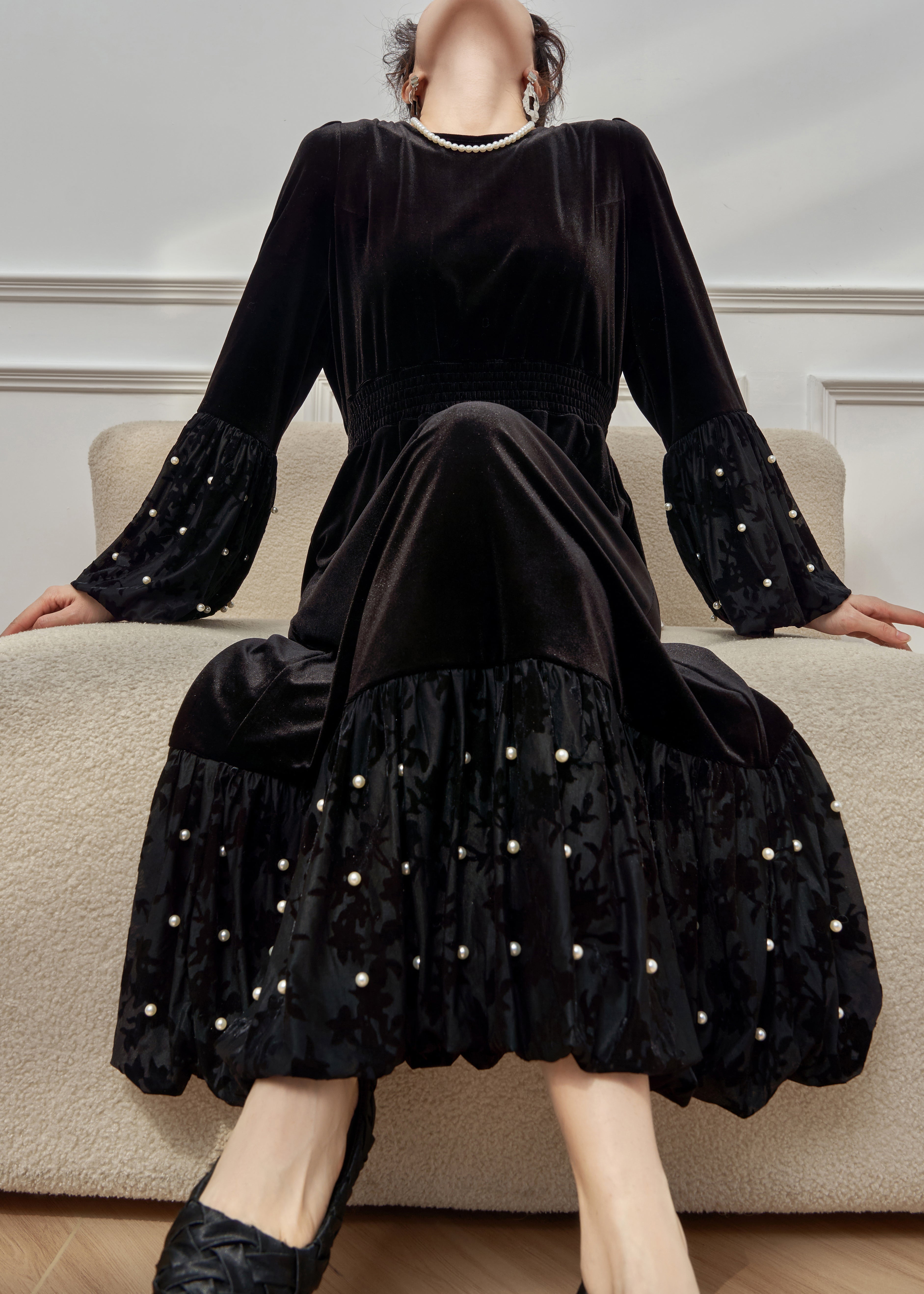 Velvet Pearl Trim Bishop Sleeve Smocked Waist Tiered Midi Dress
