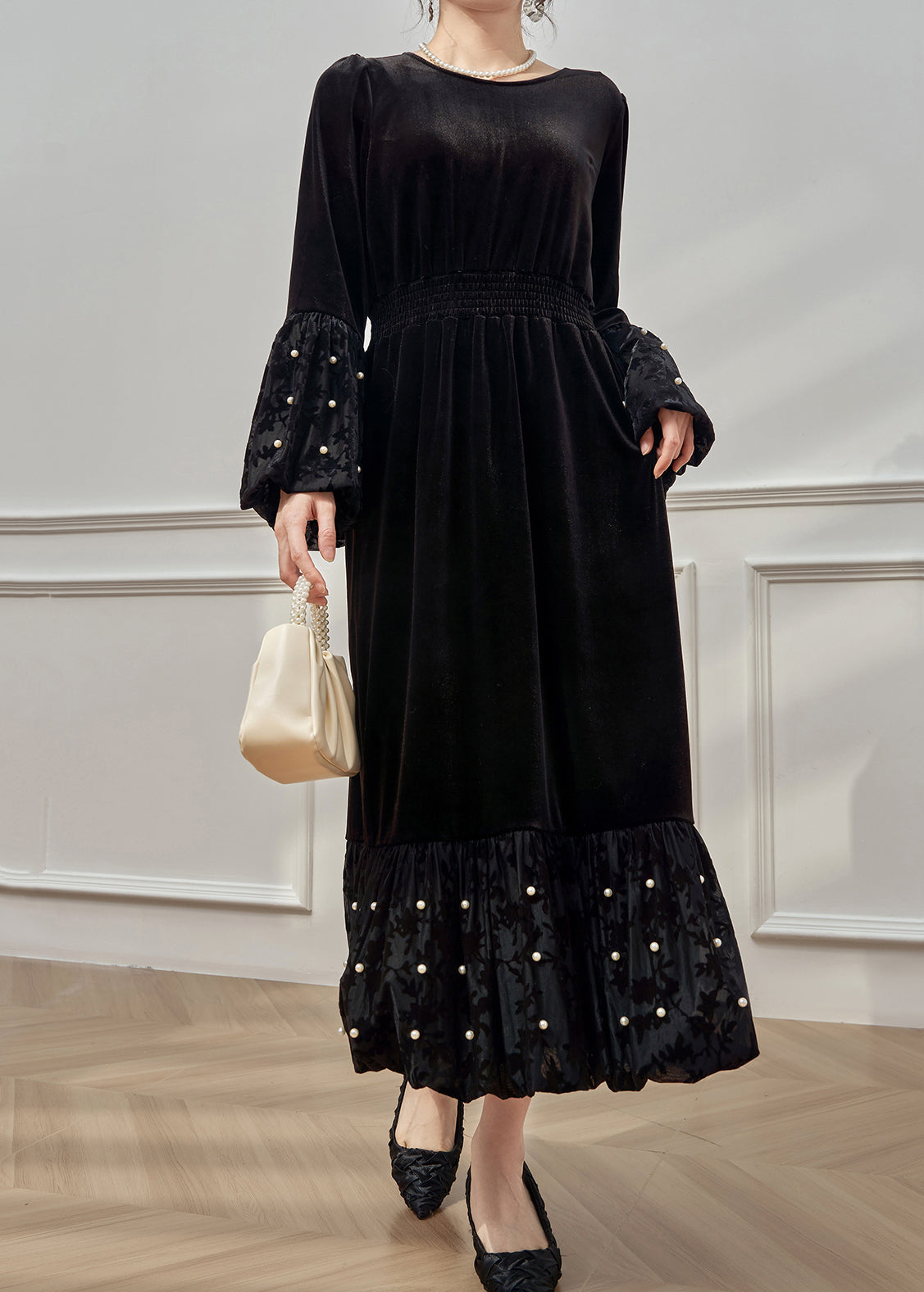 Velvet Pearl Trim Bishop Sleeve Smocked Waist Tiered Midi Dress
