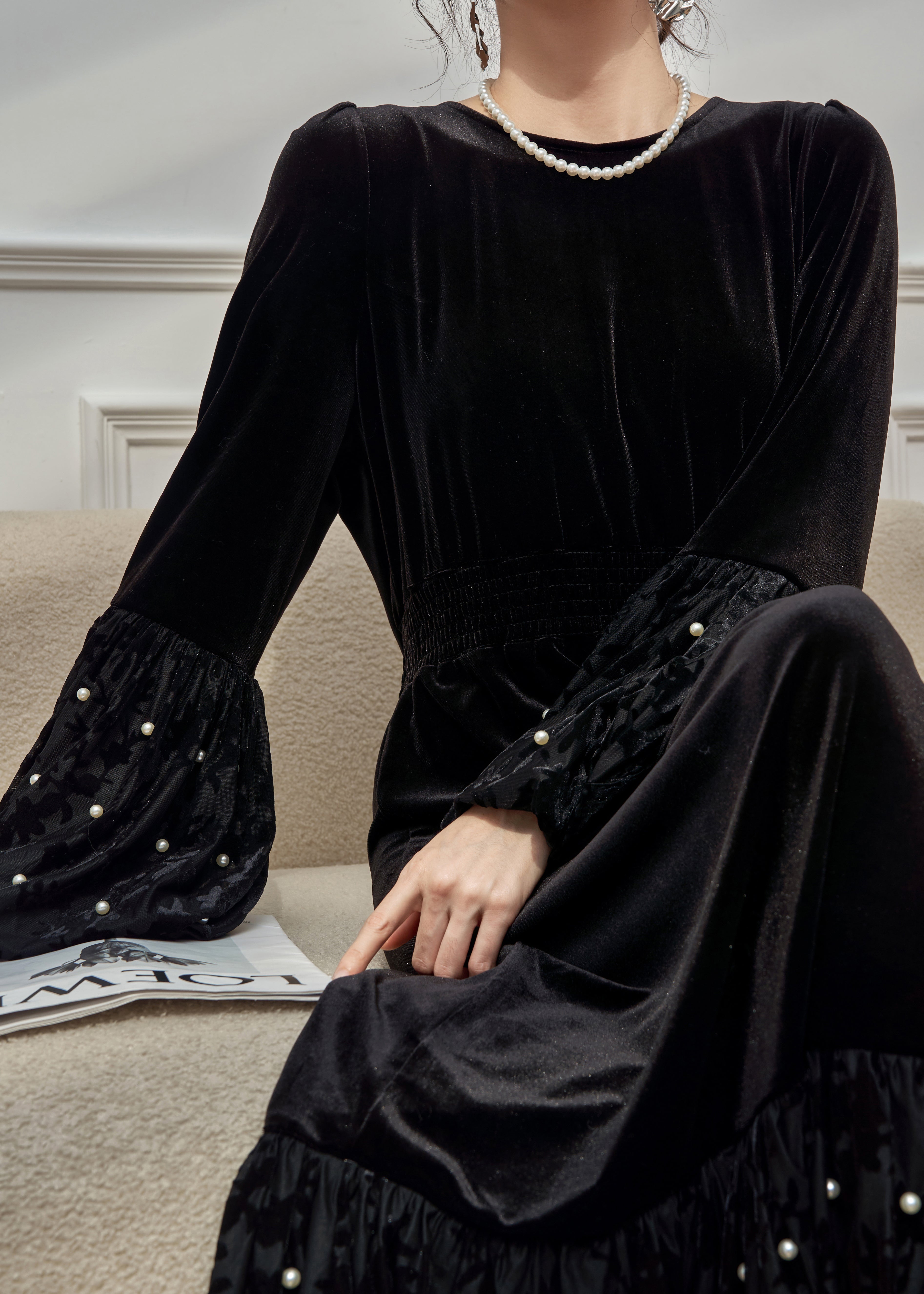 Velvet Pearl Trim Bishop Sleeve Smocked Waist Tiered Midi Dress