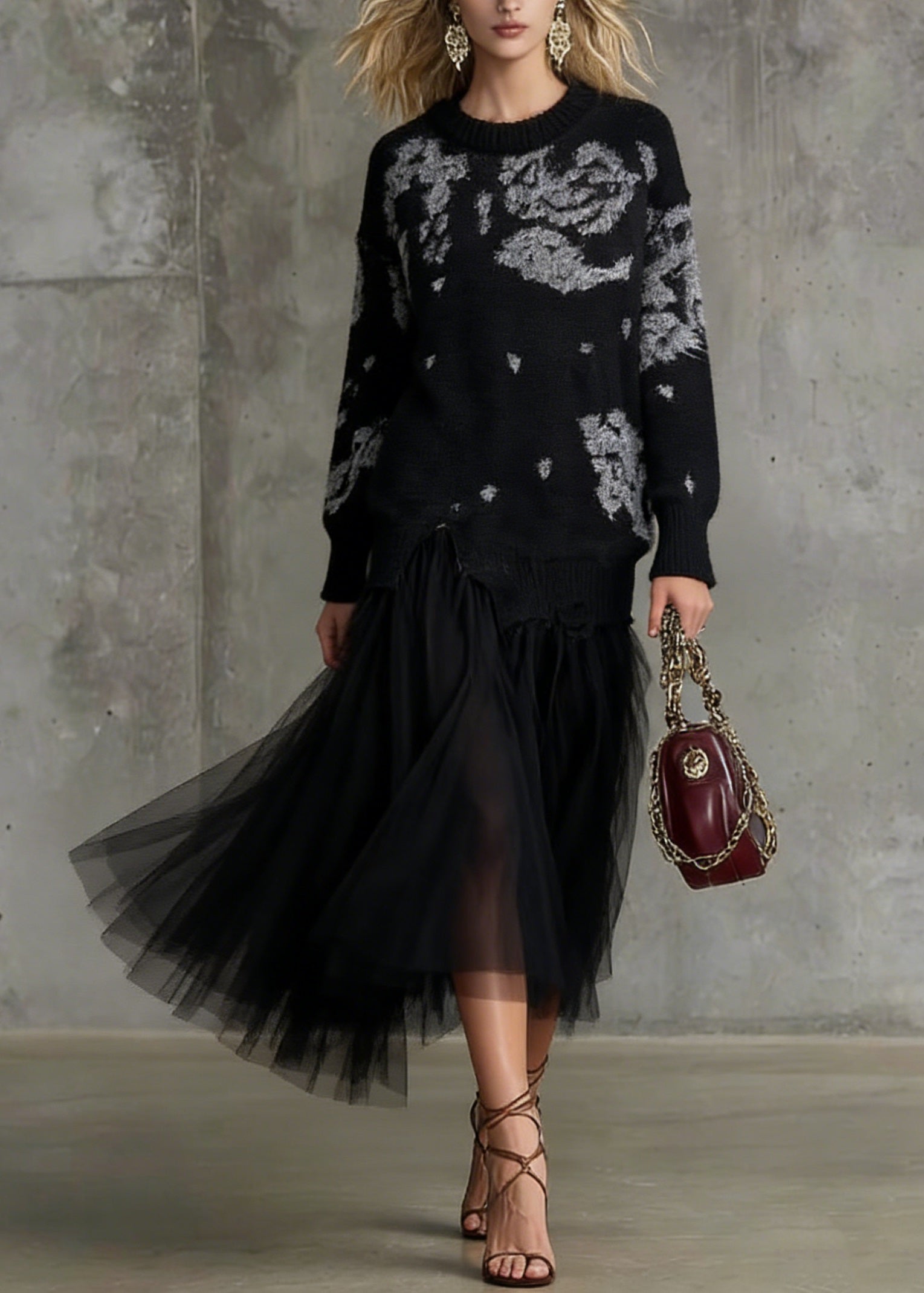 Abstract Print Knit Sweater Pleated Tulle Midi Skirt Two Piece Set