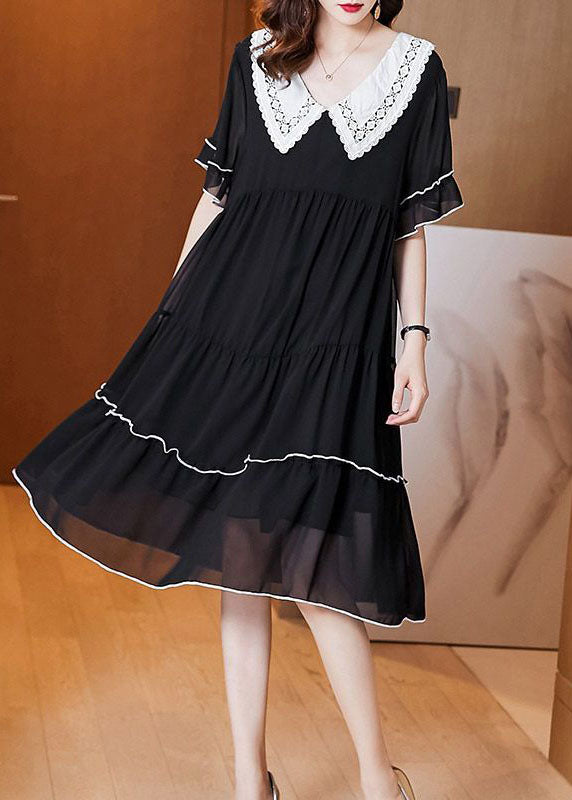 Oversized Lace Collar Short Sleeve Tiered Contrast Trim Knee Length Dress